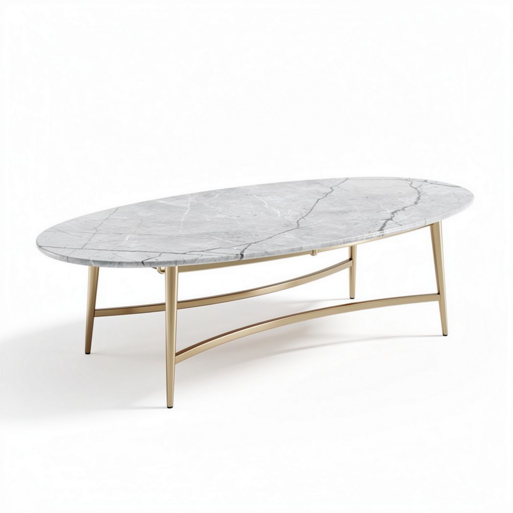 Ovale salontafel van marmer met gouden metalen poten 150 x 80 x 45cm