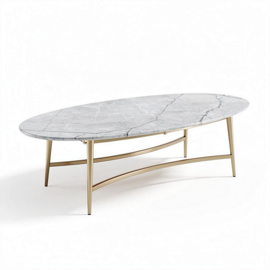 Ovale salontafel van marmer met gouden metalen poten 150 x 80 x 45cm