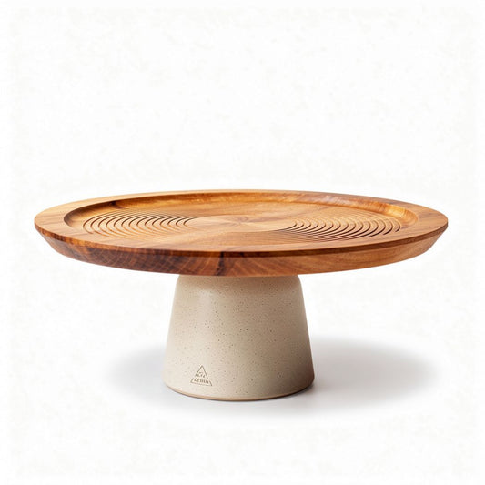 Houten serveerschaal met keramische voet 30 x 30 x 10cm voor decoratie en presentatie