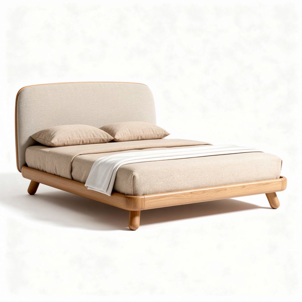 Bed met houten frame en beige gestoffeerd hoofdeinde 200 x 160 x 90cm