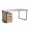 L-vormig bureau met lade en metalen frame in grijs en houtkleur 150 x 75 x 75cm