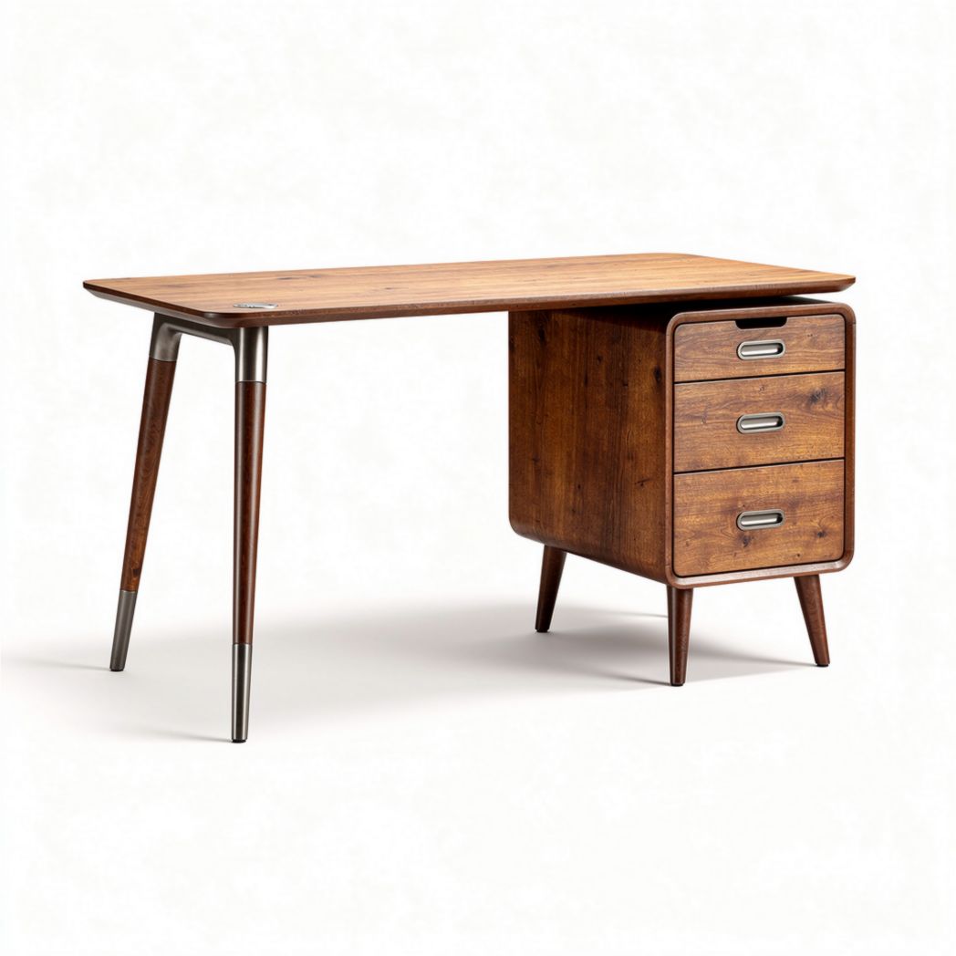 Bureau van hout met drie lades en metalen poten 120 x 60 x 75cm