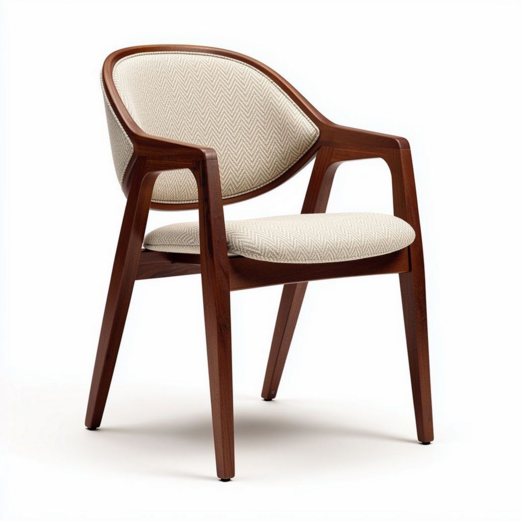 Houten fauteuil met een stoffen zitting in beige en een afmeting van 45 x 50 x 80cm