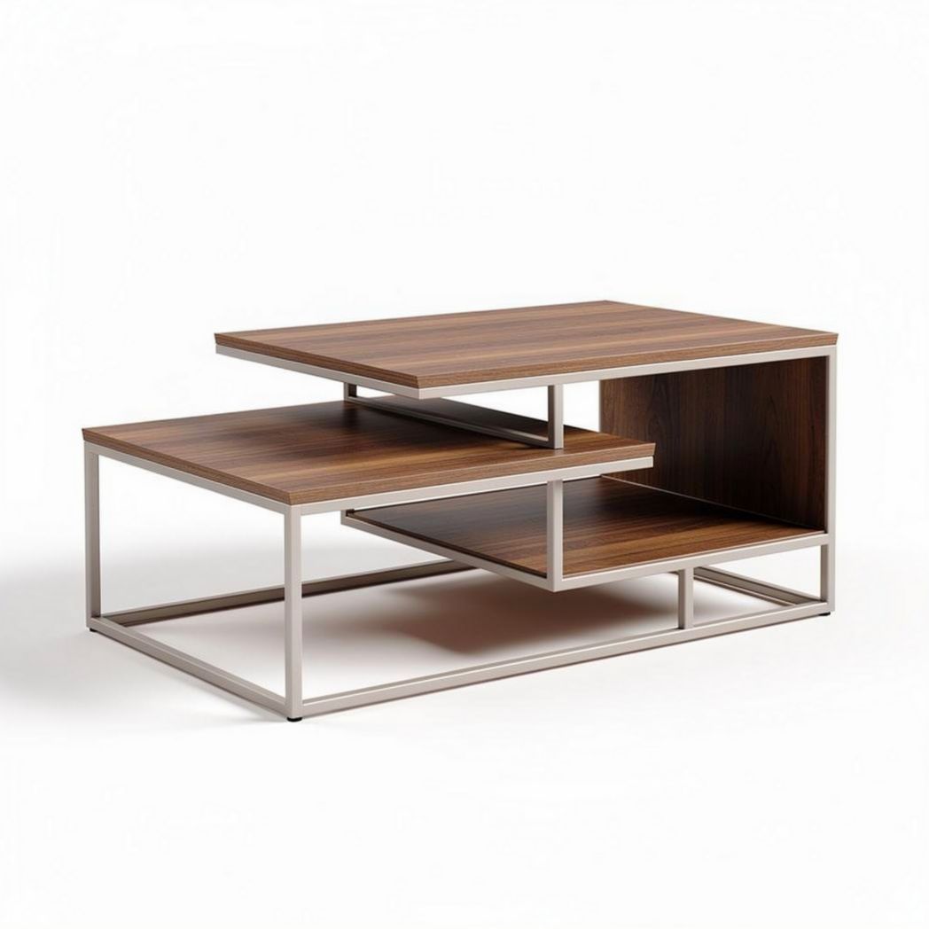 Salontafel set van hout en metaal in bruin en zilver 120 x 60 x 40cm